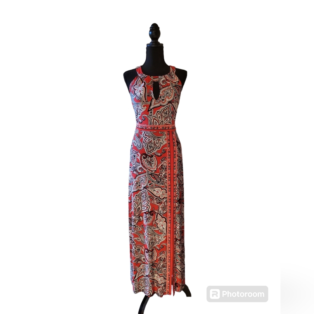 Maxi summer dress red, black and white with slit in front